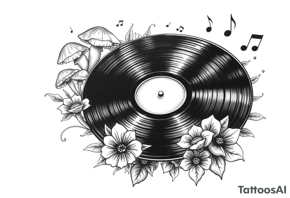 vinyl record player with mushrooms, flowers, and music notes around it tattoo idea