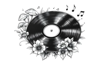vinyl record player with mushrooms, flowers, and music notes around it tattoo idea
