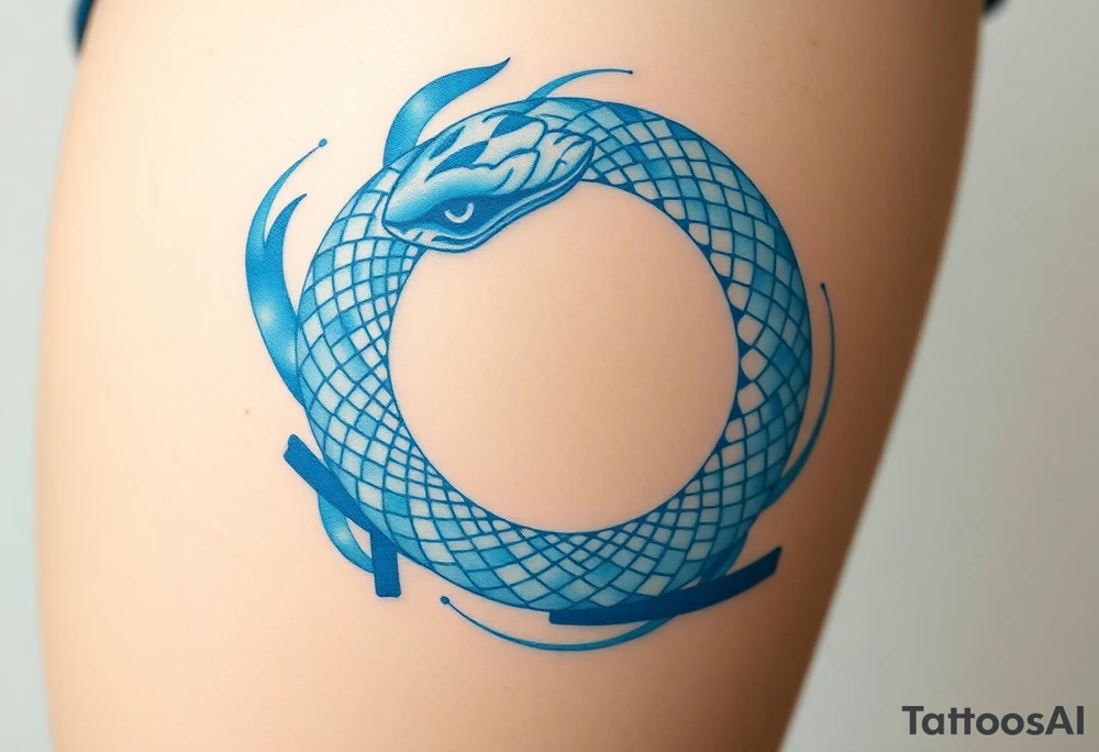 A translucent water-like Ouroboros snake forming cyrcle, with soft blue and white hues, creating an ethereal, flowing effect. tattoo idea