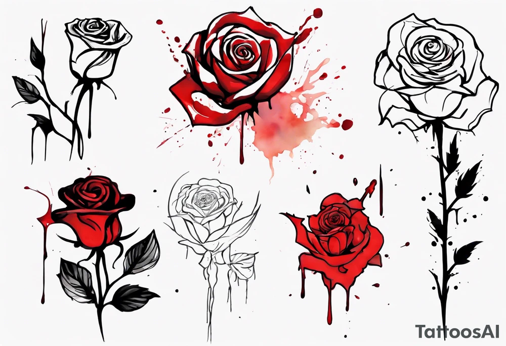 rose flower, one line, red blood dripping from the flower, tall, watercolor, with Christian aspects tattoo idea