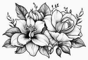 Rose, orchid, lily of the valley, dog wood tattoo idea