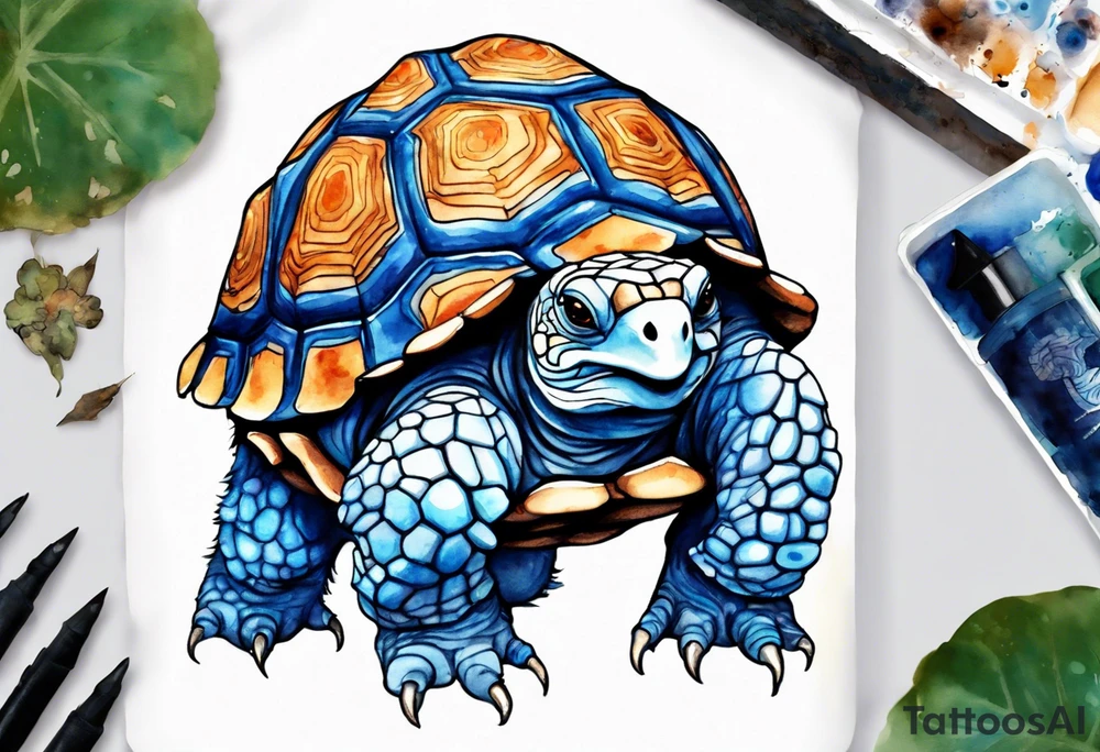 a blue fur-covered animal with a tortoise shell on its back tattoo idea