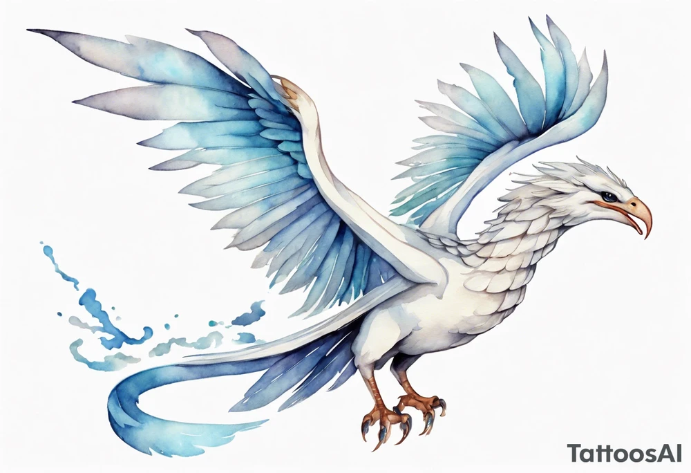 a watercolor of a white bird-serpent hybrid wearing a plain crown, with light blue wing feathers, flying in the sky tattoo idea