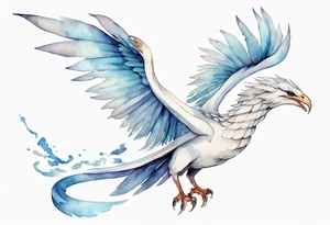 a watercolor of a white bird-serpent hybrid wearing a plain crown, with light blue wing feathers, flying in the sky tattoo idea