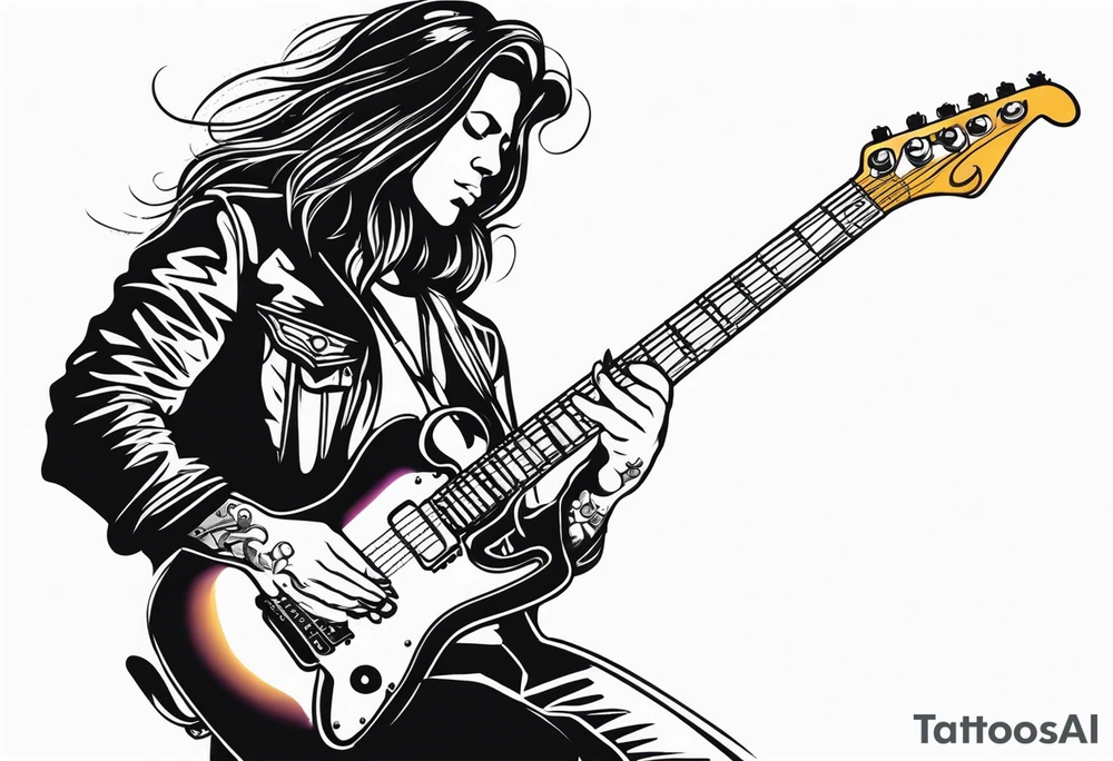 long hair rock star playing electric guitar tattoo idea