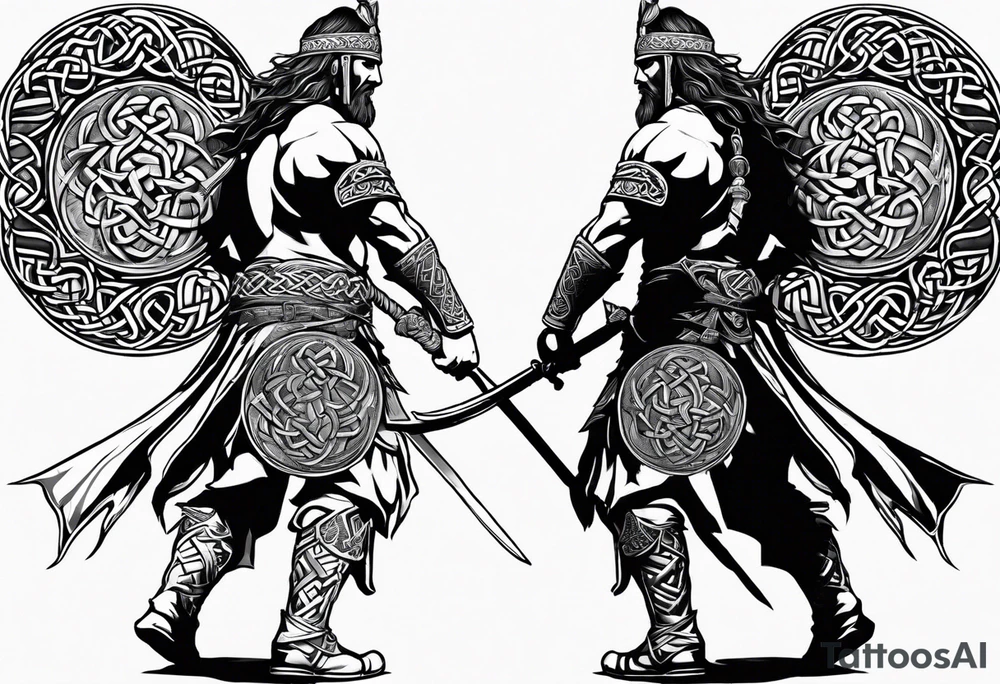 Full body side profile of Celtic warrior walking into battle tattoo idea