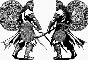 Full body side profile of Celtic warrior walking into battle tattoo idea