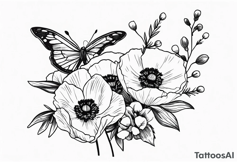 Bouquet of poppies and paperwhites and holly with. A butterfly tattoo idea