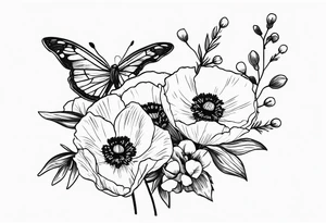 Bouquet of poppies and paperwhites and holly with. A butterfly tattoo idea