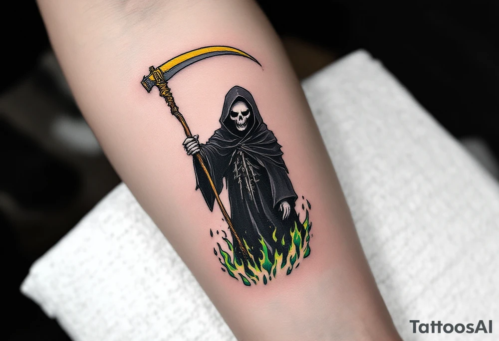 A traditional-style Grim Reaper with a black robe, green flames at his feet, and a golden scythe. tattoo idea