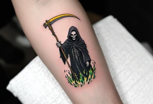 A traditional-style Grim Reaper with a black robe, green flames at his feet, and a golden scythe. tattoo idea