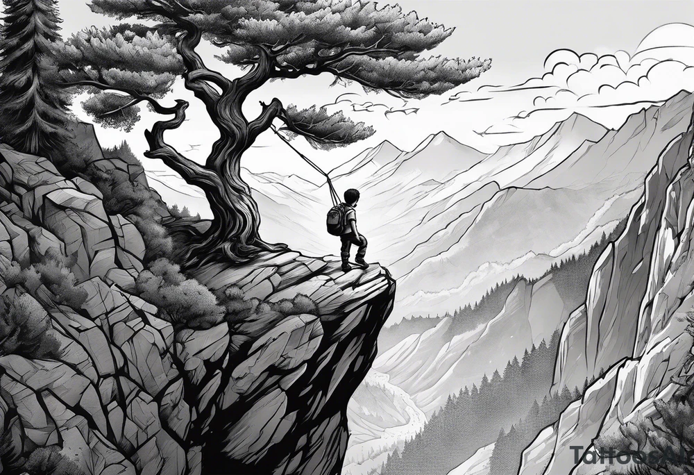 Kid hanging to a branch from a tree on a mountain cliff tattoo idea