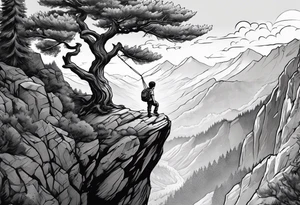 Kid hanging to a branch from a tree on a mountain cliff tattoo idea