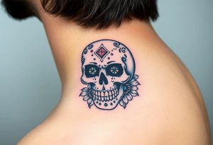 Masculine sugar skull with diamond gemstone eyes and daisy around the skull tattoo idea