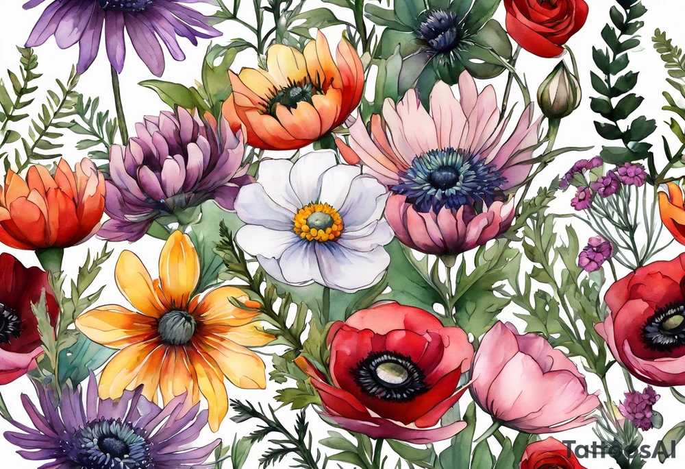 wildflowers with thistles, ferns, ranuculus, white anemones with black center, sun flowers, red flowers, pink flowers, purple flowers, buttercups, babys breath, daisies, and greenery all in watercolor tattoo idea