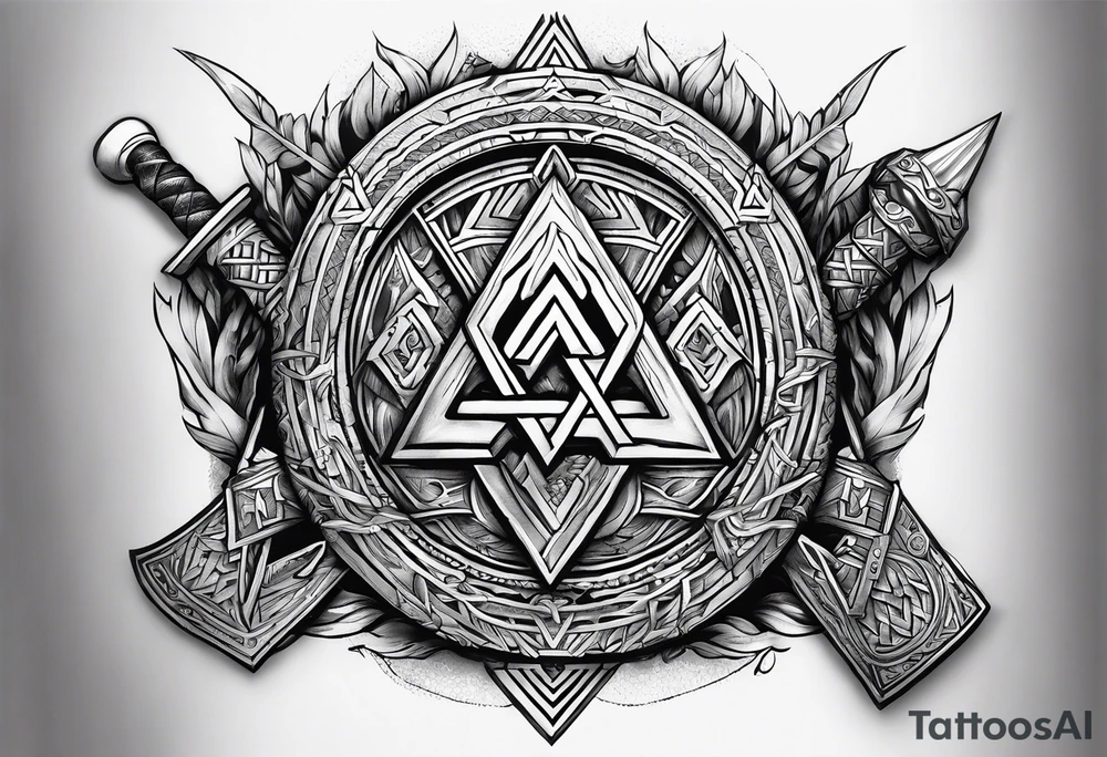 Valhalla sword round  axe Valknut steps fire chains tattoo idea