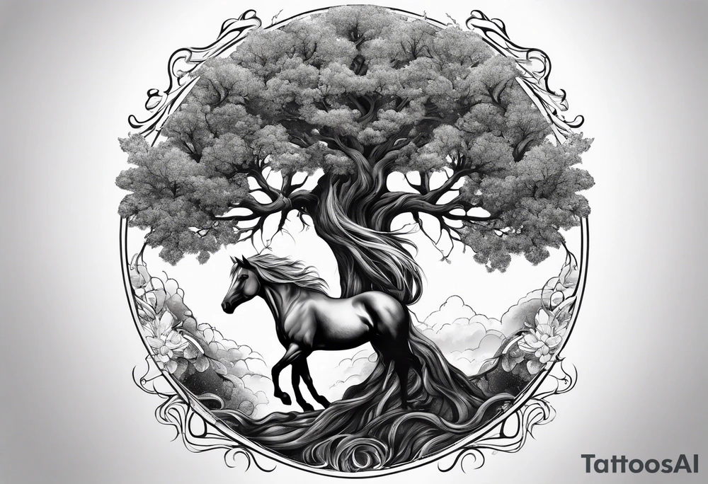 Realistic Horse and Yggdrasil tree tattoo idea