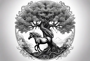 Realistic Horse and Yggdrasil tree tattoo idea