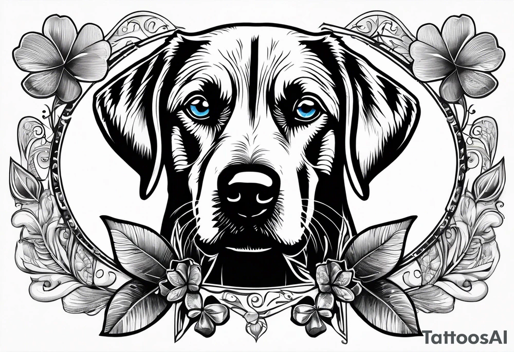 Clover leaf card with a cross and blue eyes of a Labrador retrevier and a cross tattoo idea