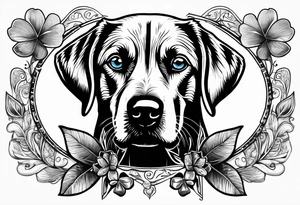 Clover leaf card with a cross and blue eyes of a Labrador retrevier and a cross tattoo idea