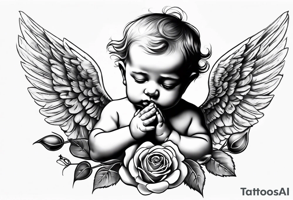 Praying baby Angel, with a Roman warrior looking up behind it, sun beams and rose at the bottom tattoo idea