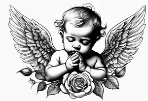 Praying baby Angel, with a Roman warrior looking up behind it, sun beams and rose at the bottom tattoo idea