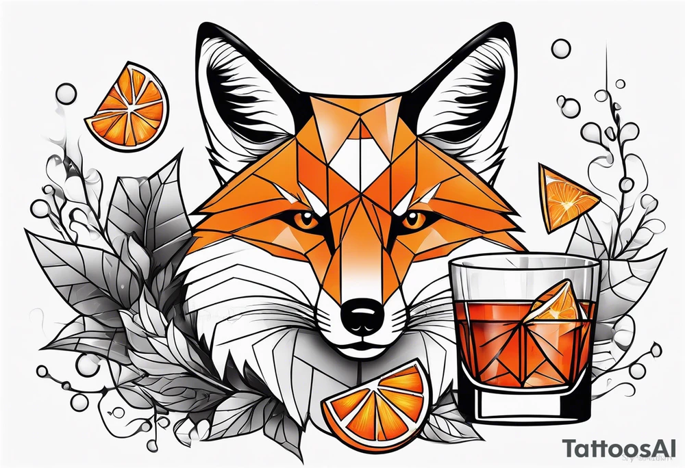 Geometric disco fox with one Negroni in short lowball cocktail glass with ice and orange peel tattoo idea