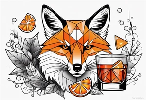 Geometric disco fox with one Negroni in short lowball cocktail glass with ice and orange peel tattoo idea