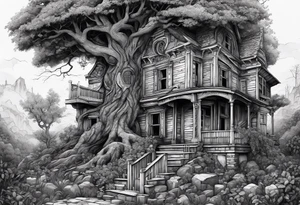 the tree of life growing out of a broken house with the devine child at its doorsteps tattoo idea