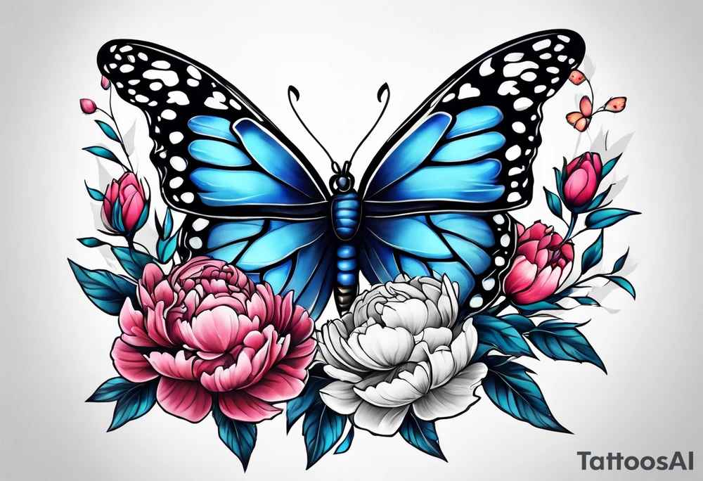 Peony with blue monarch butterflies tattoo idea