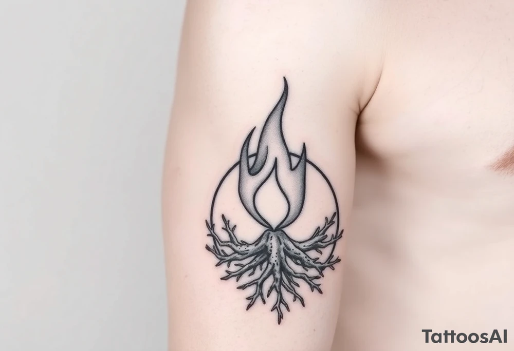 flame in a blooming roots circle tattoo idea
