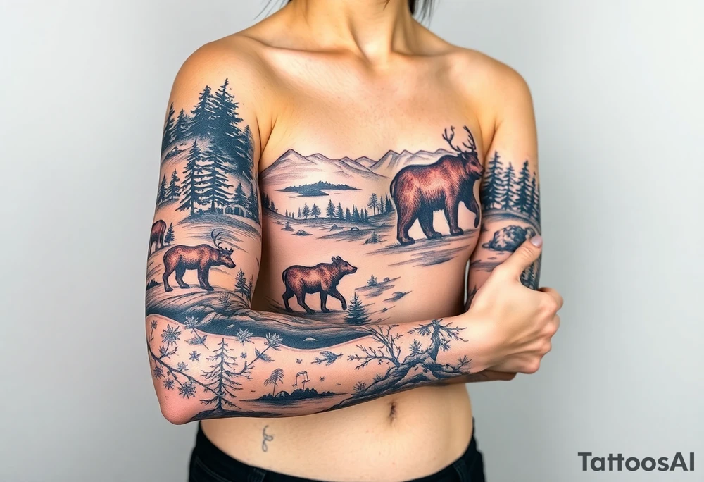 A full-sleeve with the Härjedalen landscape, reindeer, bear, lakes, tattoo idea