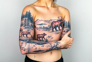 A full-sleeve with the Härjedalen landscape, reindeer, bear, lakes, tattoo idea