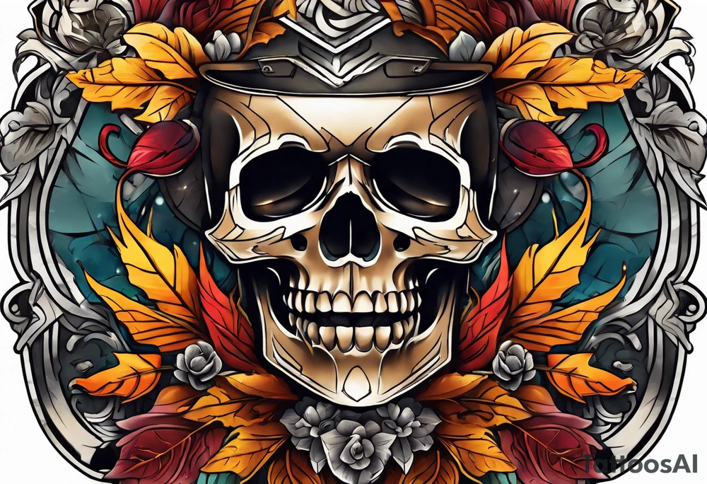 Knee tattoo with skull and fall colors tattoo idea