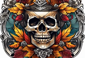 Knee tattoo with skull and fall colors tattoo idea