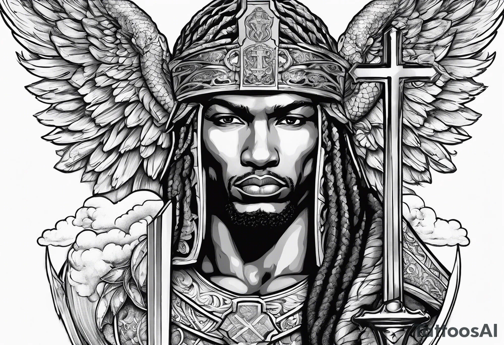 archangel Michael, sword, snake, bible verse, cross, clouds , african american tattoo idea