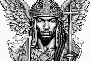 archangel Michael, sword, snake, bible verse, cross, clouds , african american tattoo idea