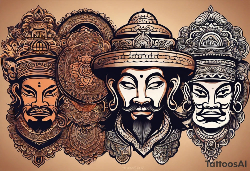 quiero crear una composicion para un tatuaje del antebrazo completo con pequeños tatuajes de tematica asiatica que incluya una rana con sombrero de vietnam, varios guerreros de terracota y una imagen del templo de camboya ankor tattoo idea