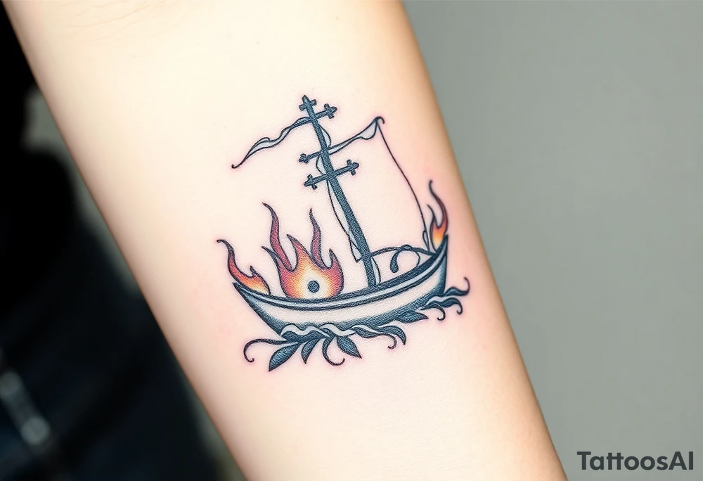 Boat on fire with cross as mast tattoo idea