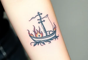 Boat on fire with cross as mast tattoo idea