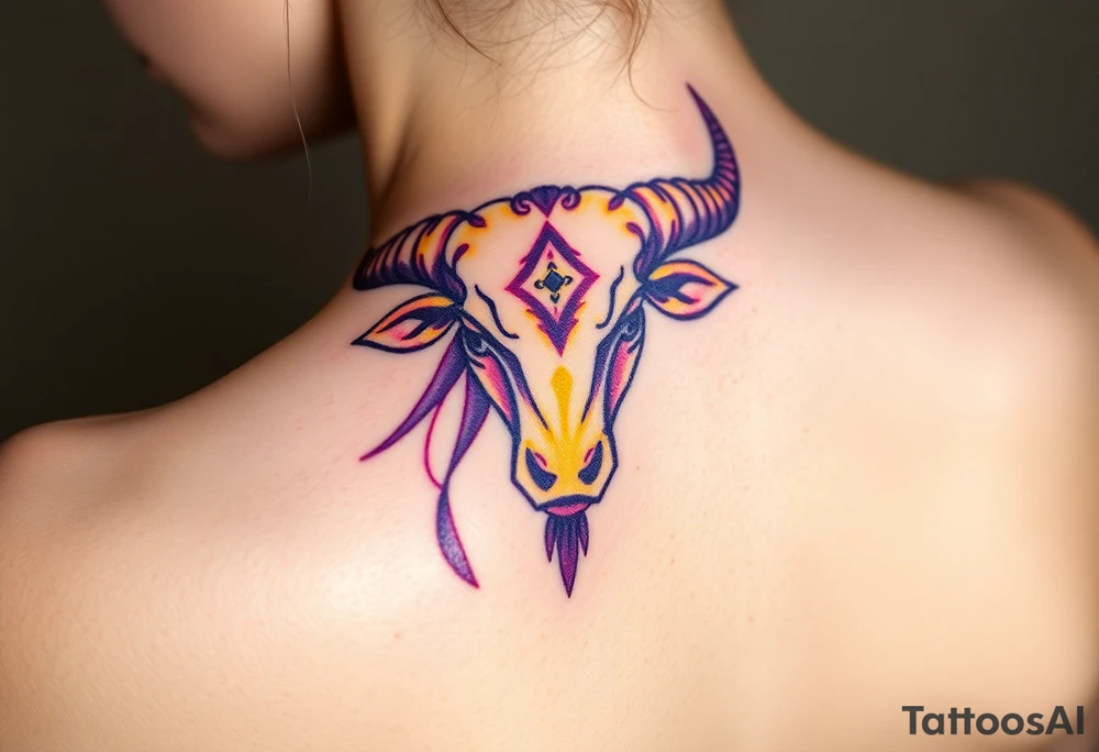 Powerful Taurus tattoo with purple and yellow tattoo idea