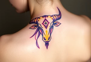 Powerful Taurus tattoo with purple and yellow tattoo idea