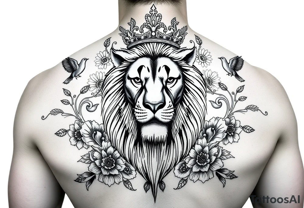 powerful majestic lion with a crown, surrounded by floral ornaments and birds tattoo idea