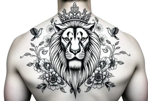 powerful majestic lion with a crown, surrounded by floral ornaments and birds tattoo idea