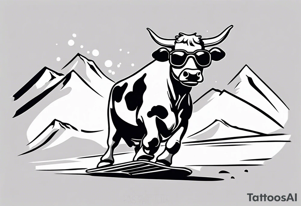 Create a minimalist and dynamic black and white tattoo design featuring a cheerful cow engaged in a snowboarding activity, wearing goggles. Emphasize clean lines and essential details to capture the playful spirit of the scene. The cow should be depicted confidently snowboarding down a snowy slope, with a sense of balance and joy, and wearing stylish goggles. Pay attention to the composition, ensuring that the tattoo design is suitable for a small to medium-sized space. The goal is to convey a lighthearted and whimsical vibe with the addition of the goggles, making the design visually appealing and suitable for tattooing. tattoo idea