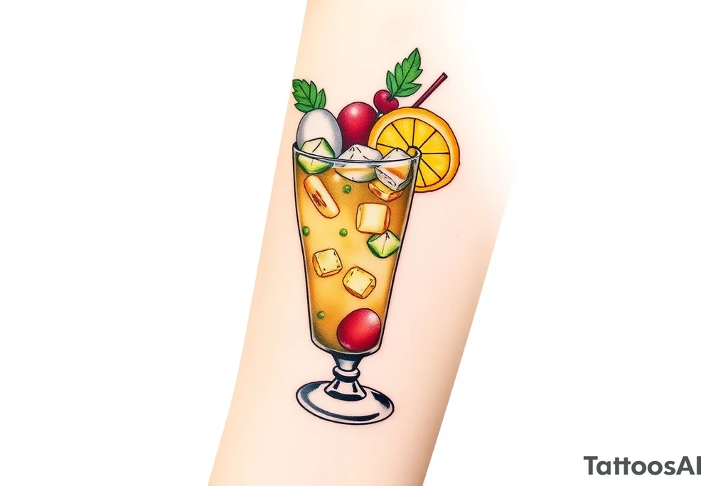 Fun Caribbean cruise cocktail with lots of garnishes and ice in a short rocks glass tattoo idea