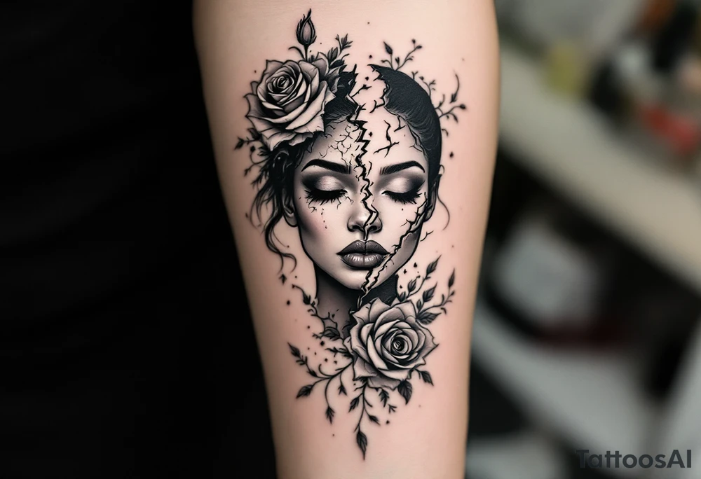 Broken Black woman surrounded by roses that shows the good and evil of humanity tattoo idea