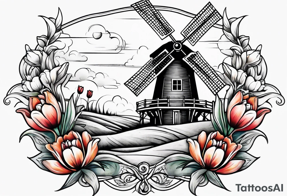 windmill and tulips and kissing couple tattoo idea