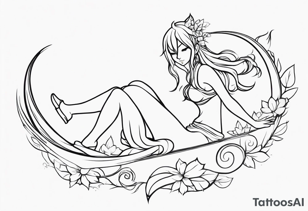 No color fairy with a tail inspired by the logo of the  show called Fairy Tail in a fetal position leaning in and forward while in the air floating and sleeping tattoo idea