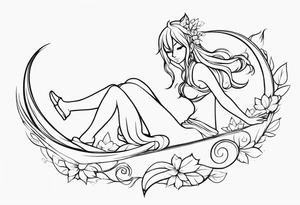 No color fairy with a tail inspired by the logo of the  show called Fairy Tail in a fetal position leaning in and forward while in the air floating and sleeping tattoo idea